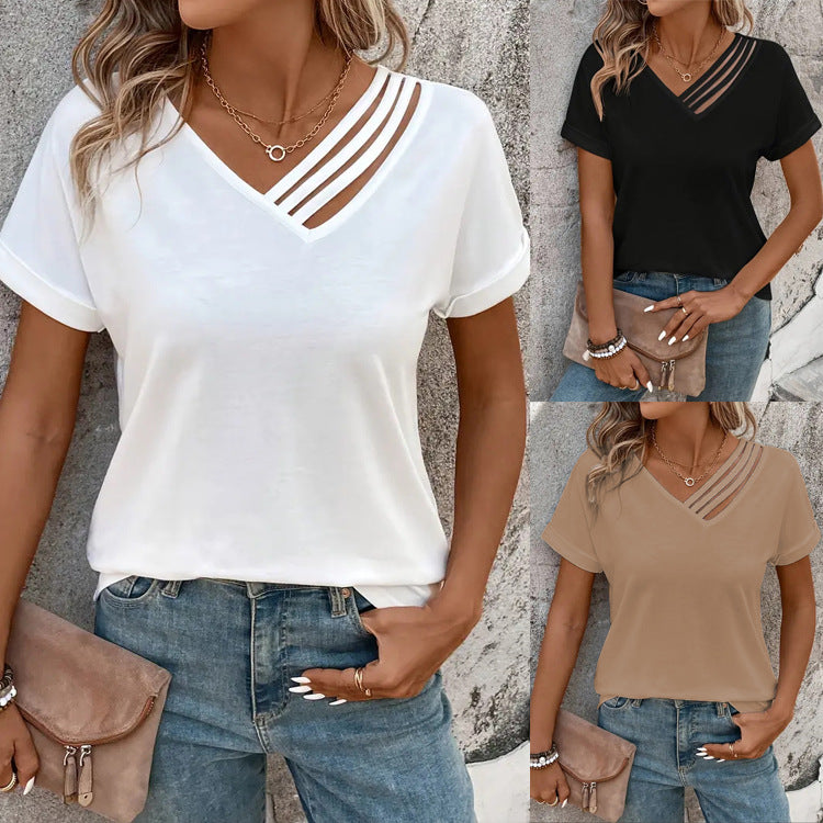 Lightweight Summer V-Neck Blouse – Slim Fit, Short Sleeve