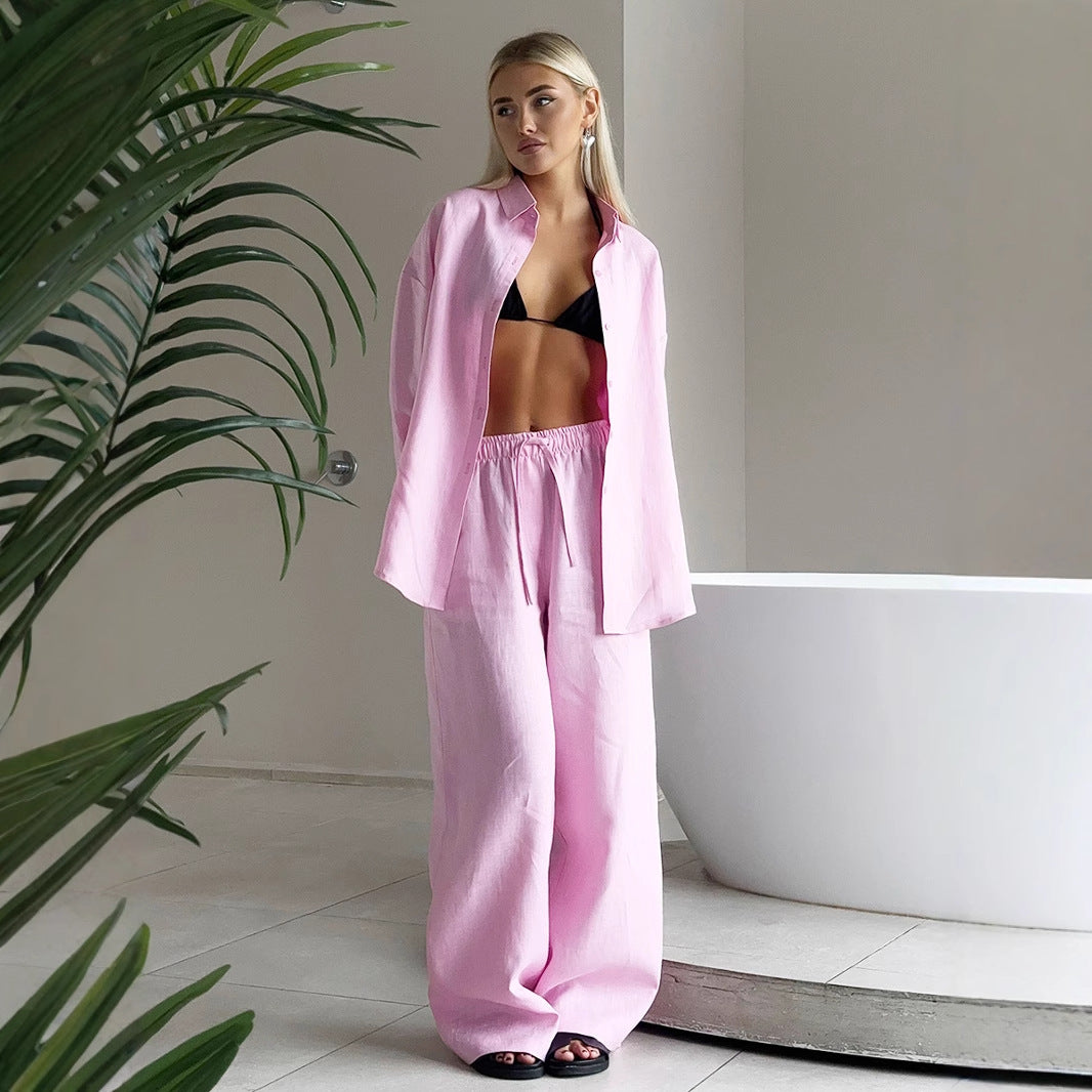 Cotton Shirt Trousers Suit Loose Long Sleeve