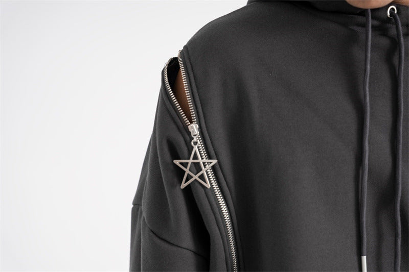 Retro Fleece Zip Hoodie with Drawstring & Pockets