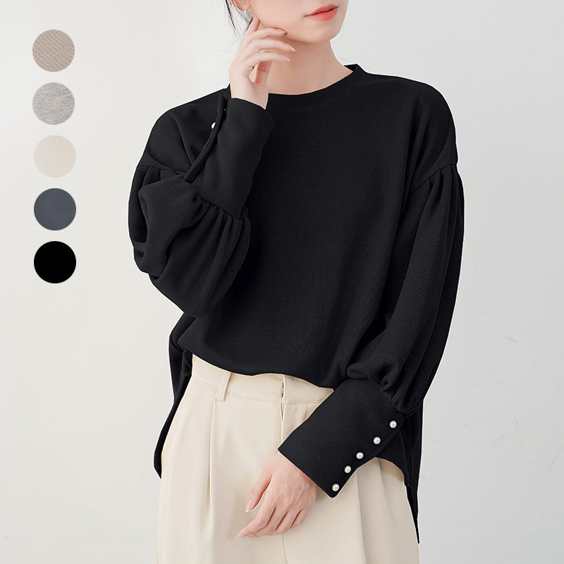 Chic Pearl Buckle Lantern Sleeve Sweater for Women