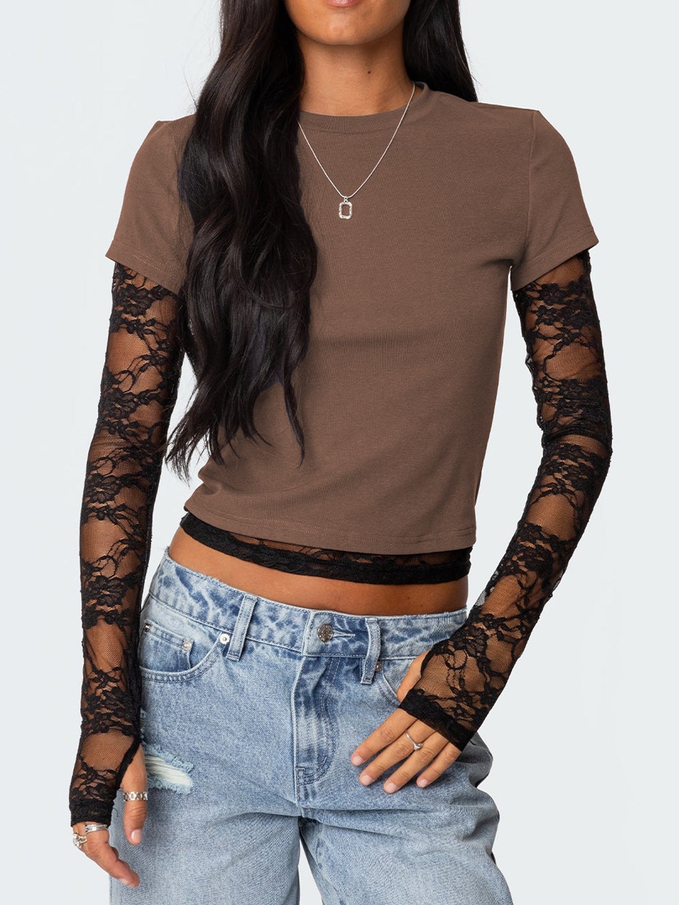 Sexy Women's Fake Two-piece Long Sleeve Crew Neck T-shirt