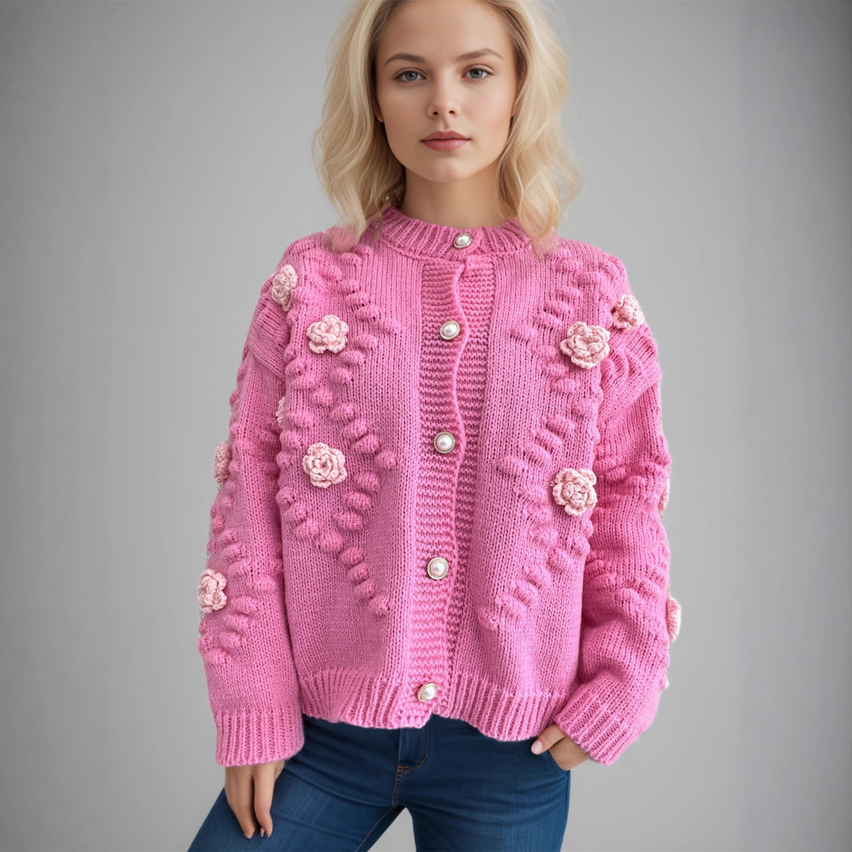 Women's Casual and Relaxed New Knitted Floral Cardigan