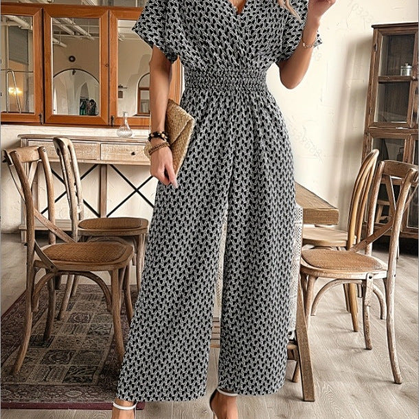 European And American Summer Solid-color Short-sleeve Pants With A V-neck