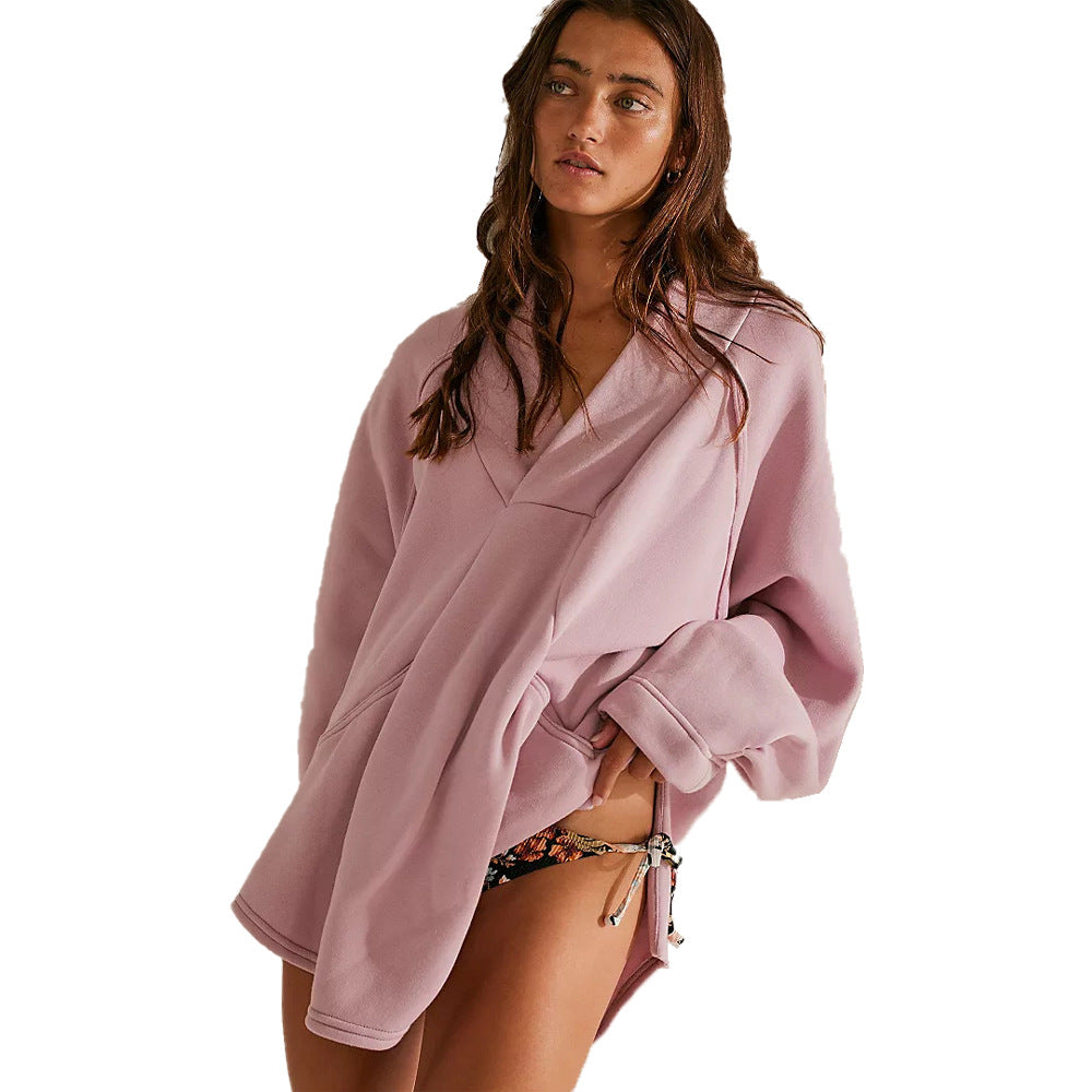 Casual Deep V-Neck Loose Pocket Sweatshirt for Women