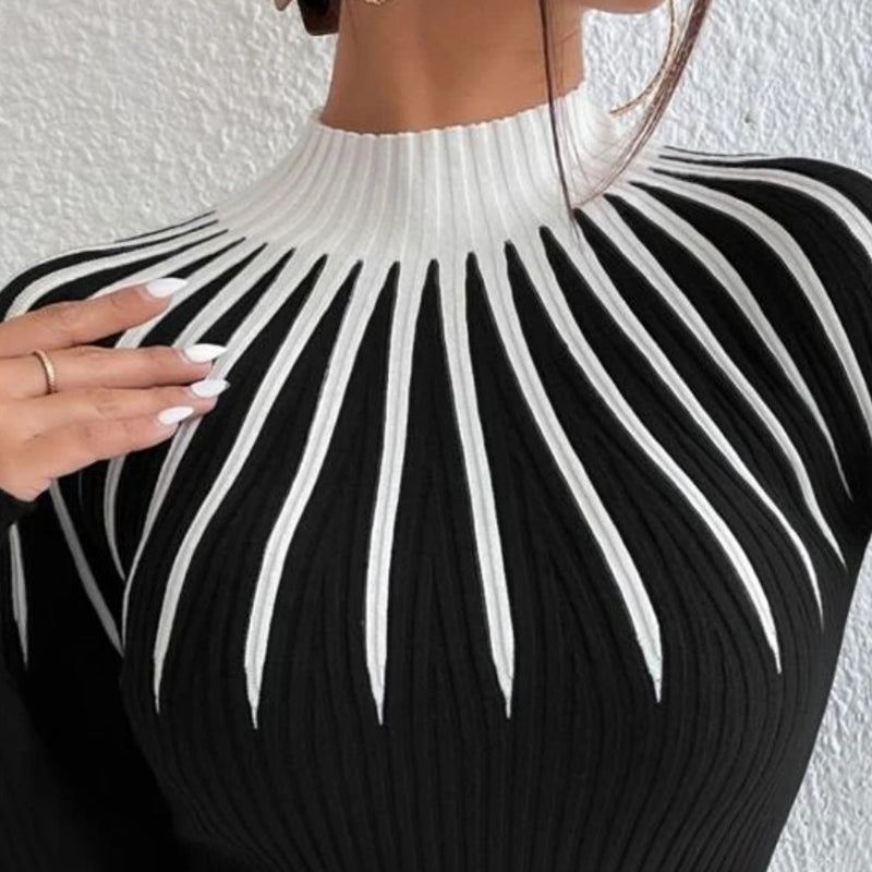Womens Slim Fit Mock Neck Sweater, Ribbed Striped Long Sleeve Knit for Fall Winter