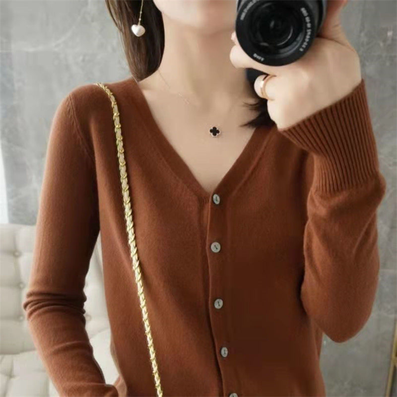 Womens V-neck Casual Solid-color Knitted Long-sleeve Jacket