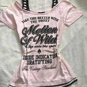 Retro Patchwork Striped T‑Shirt with Shoulder Strap – Slim Fit, Pink