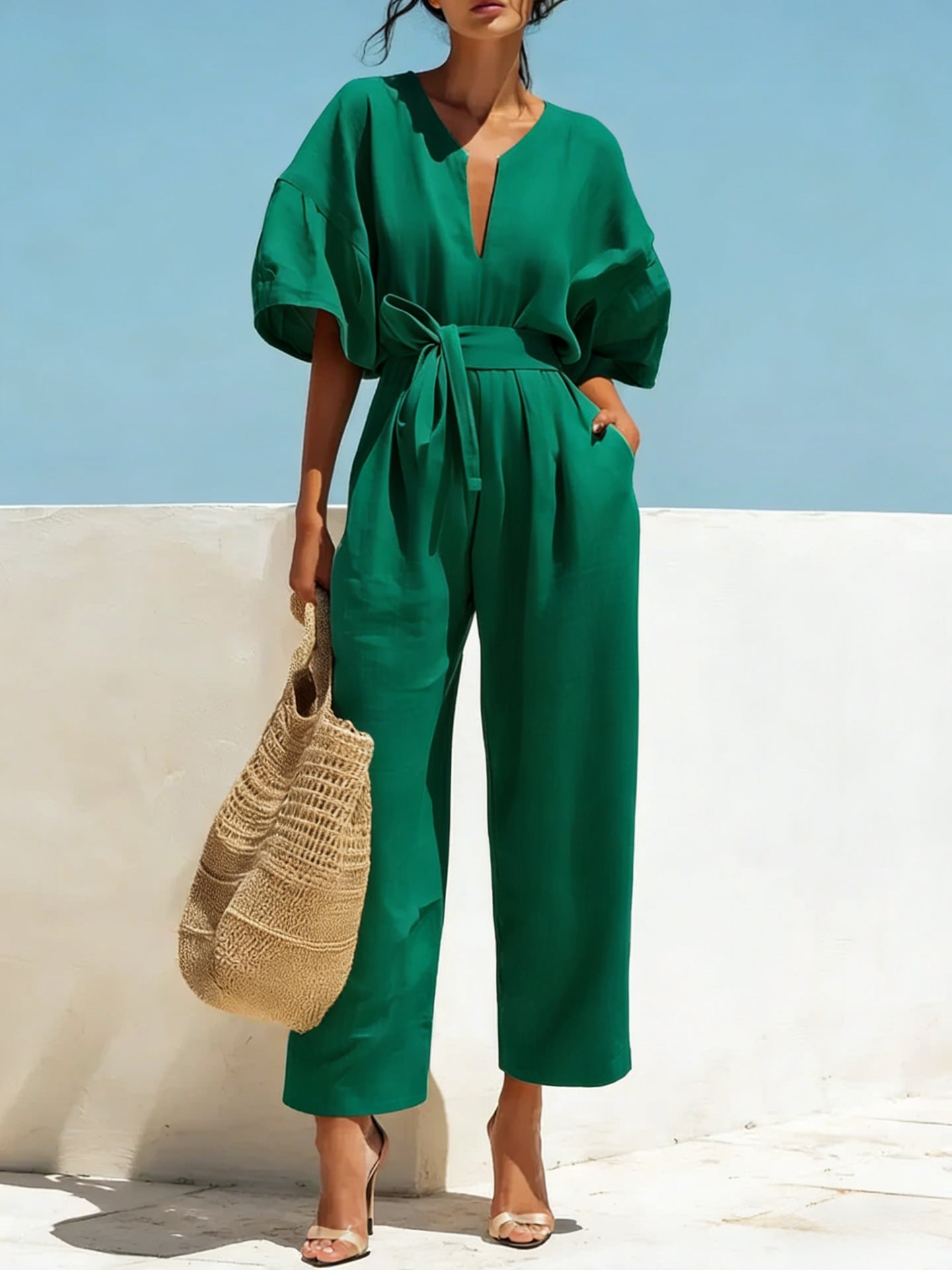 Women's Cotton Linen V-Neck Wide-Leg Jumpsuit