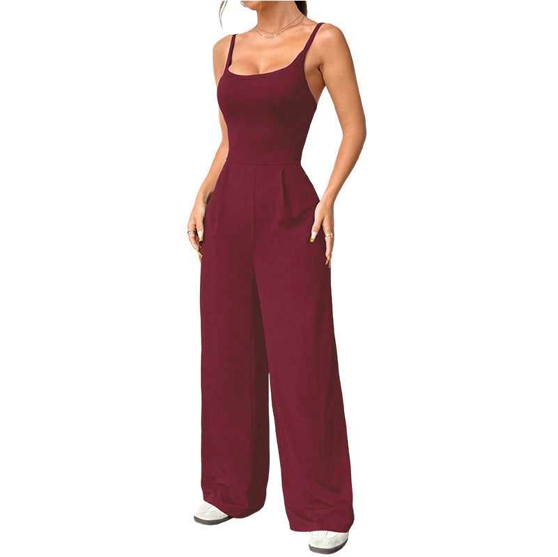 Women's Solid Color Loose Summer Strap Jumpsuit