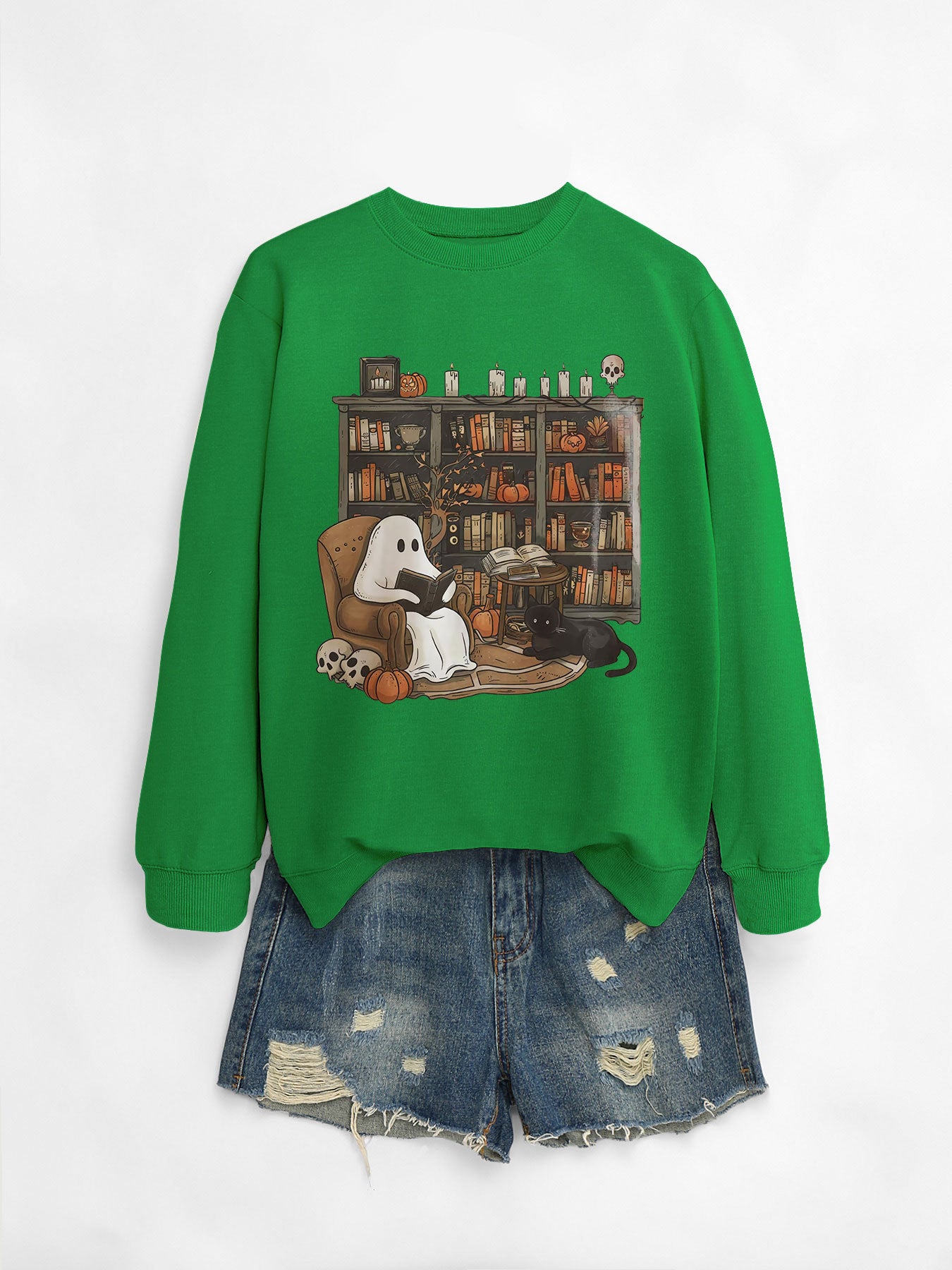 Cozy Black Cat Bookshelf Halloween Sweatshirt