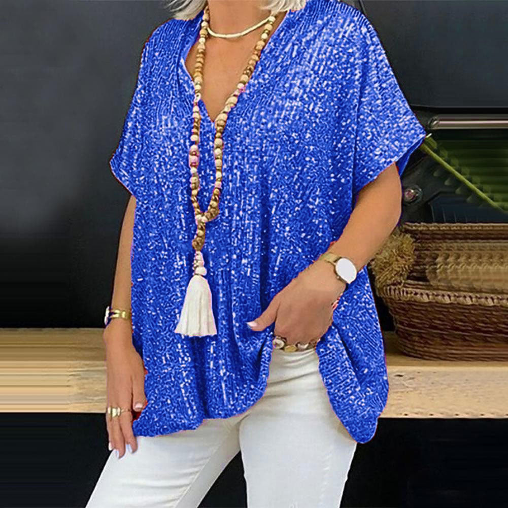 Women's Sequined V-Neck Loose Pullover Top