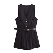 V-neck With Belt Short Jumpsuit