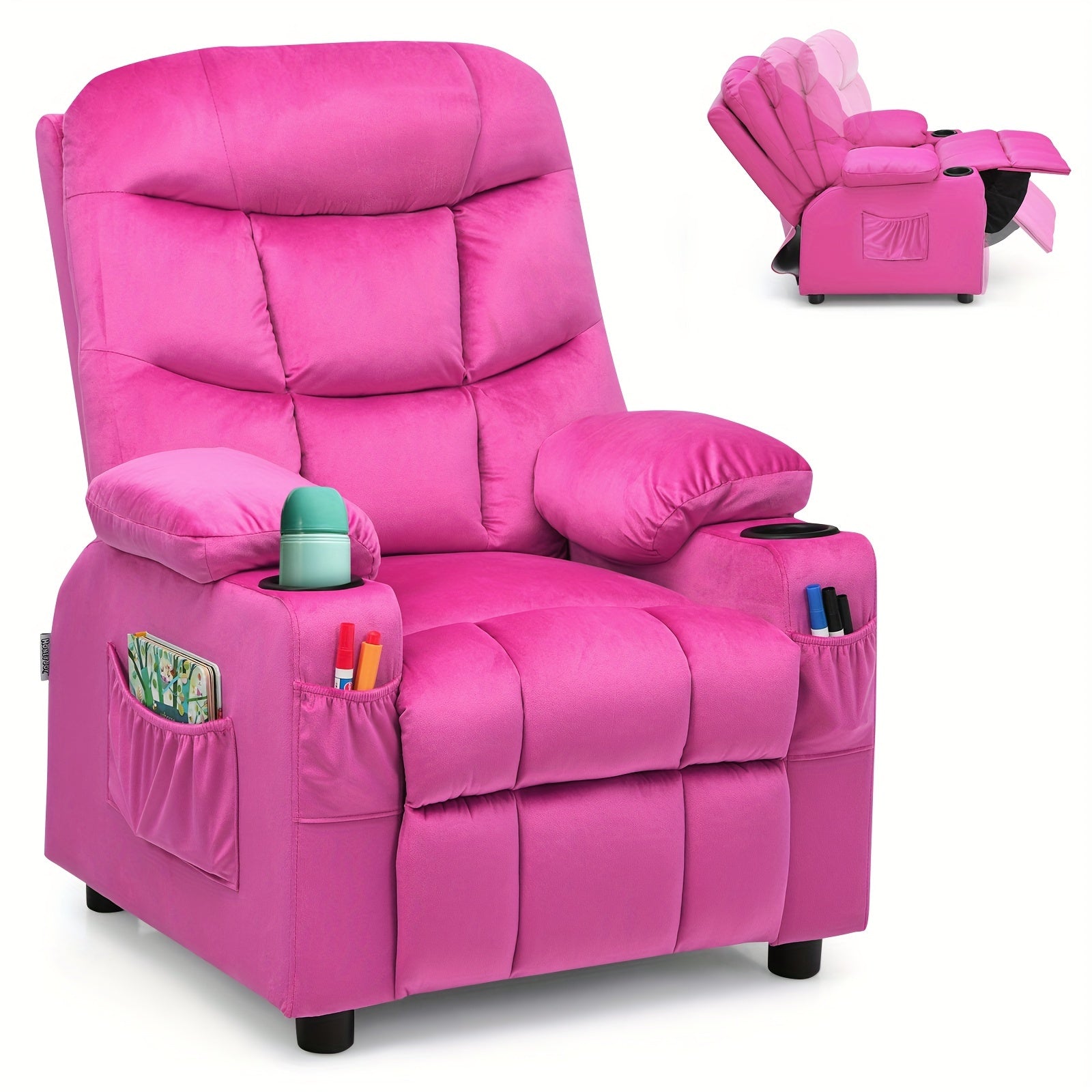 Pink Velvet Recliner Chair for Girls with Cup Holder and Storage Pocket, Heavy‑Duty 300 lb Capacity, Manual Recline, Safety Belt, Available in Multiple Colors