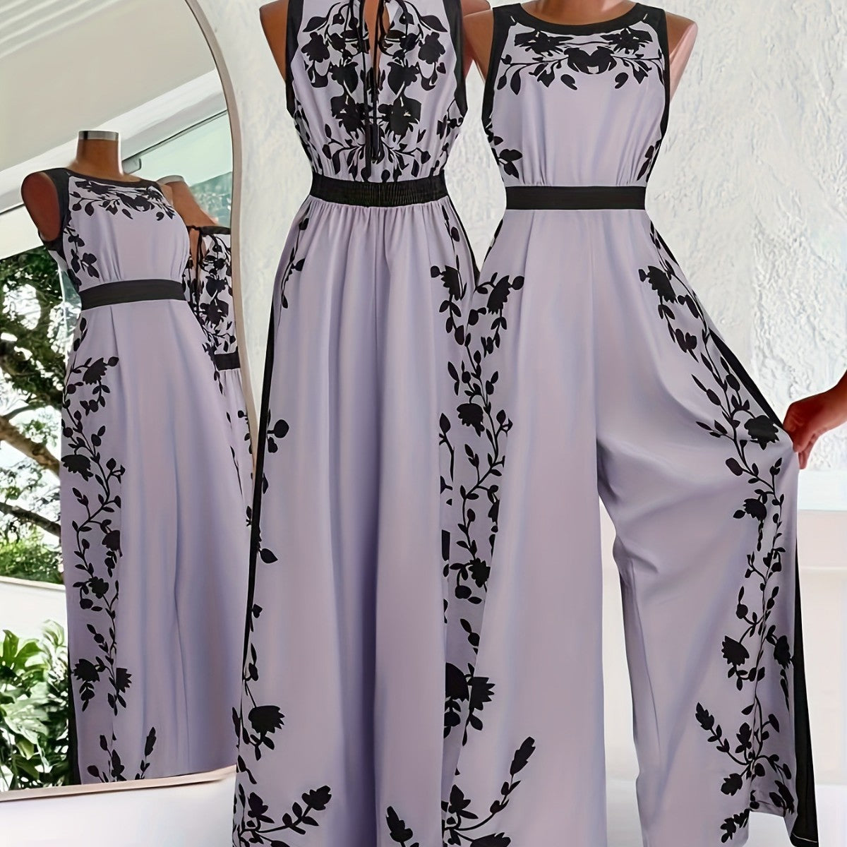 Elegant Sleeveless Printed Open-Back Casual Jumpsuit
