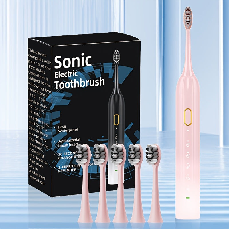 Sonic Electric Toothbrush with Metal Shaft and Rechargeable USB Charging, IPX8 Waterproof, Includes 5 Replacement Brush Heads