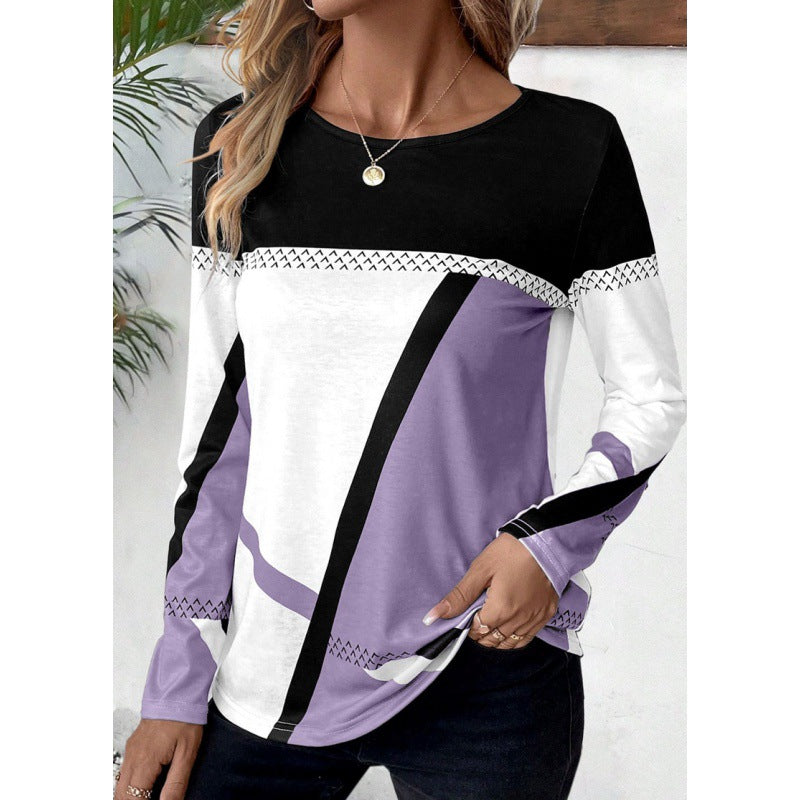 Geometric Print Contrast Stitching Pullover Top
