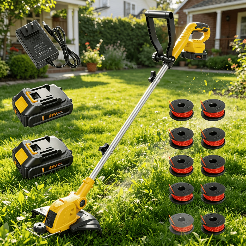 12-Inch Yellow Cordless String Trimmer Grass Trimmer 90 Degree Rotatable Head Auto Line Feed System Includes 10 Replacement Spools with Auto Line Feed for Lawn 2 X 2.0/4.0Ah Battery