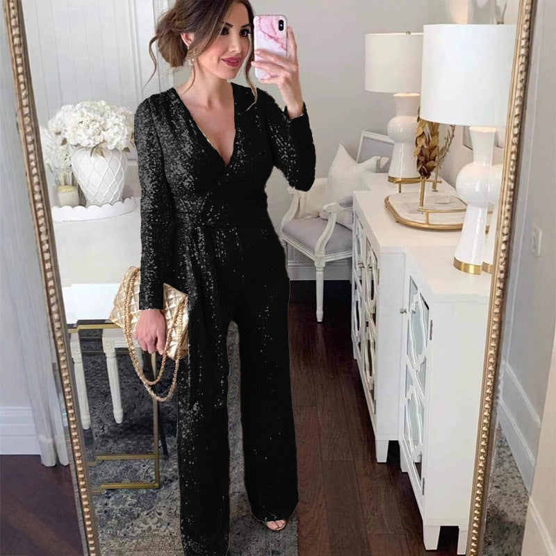 Sparkly V-Neck Beaded Waist-Cinched Jumpsuit