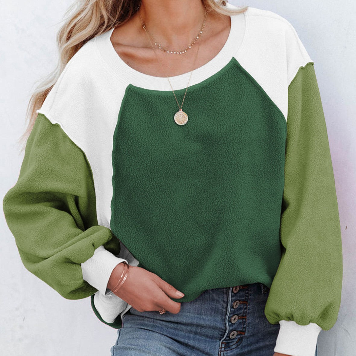 Cozy Colorblock Fleece Lantern Sleeve Pullover Top