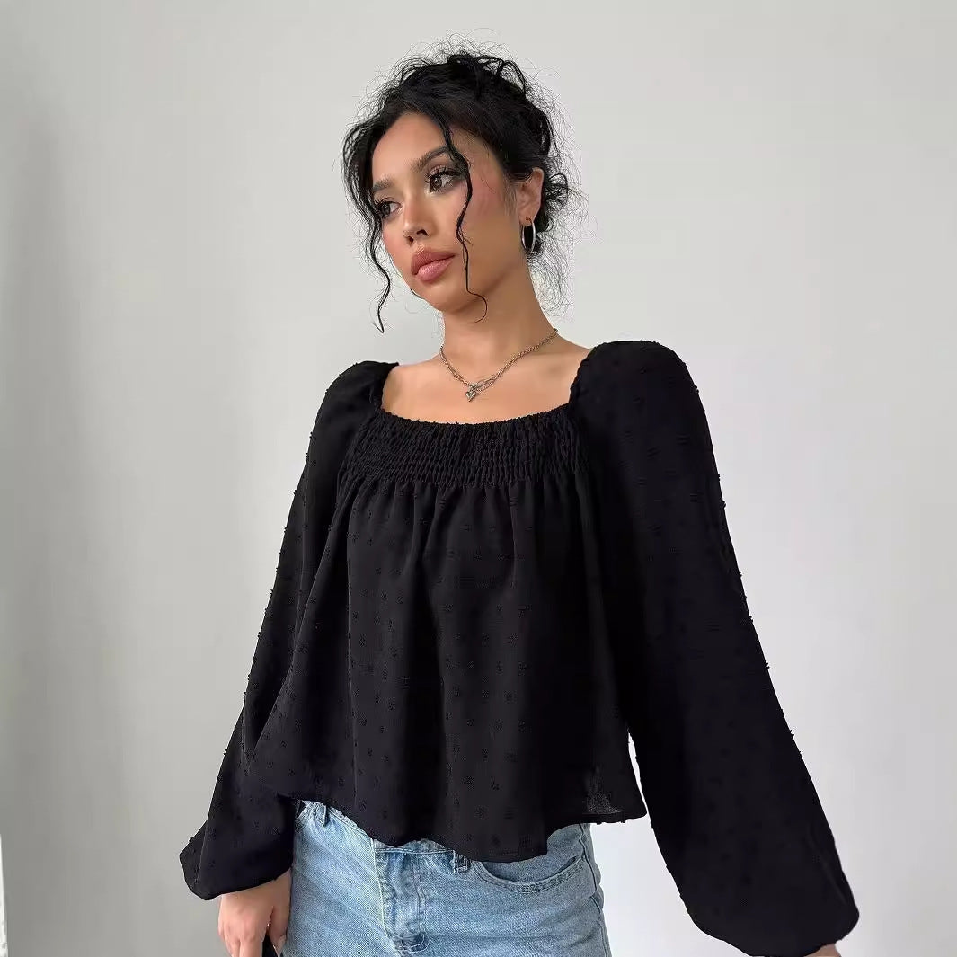 Elegant Solid Black Puff‑Sleeve Long‑Sleeve Blouse – Versatile Resort Top