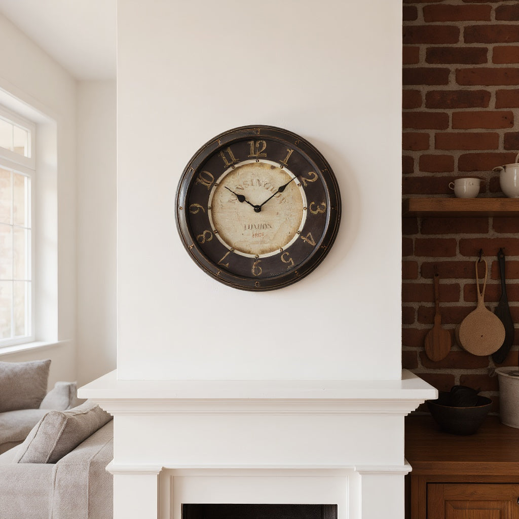 16 round wall clock antique brown plastic frame glass numerical markings metal hands old world background non-ticking quartz 1 AA Battery not included transitional no assembly
