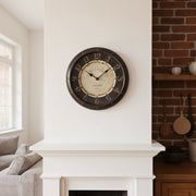 16 round wall clock antique brown plastic frame glass numerical markings metal hands old world background non-ticking quartz 1 AA Battery not included transitional no assembly