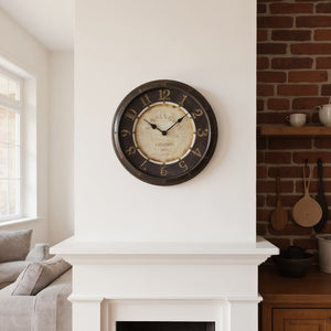 16 round wall clock antique brown plastic frame glass numerical markings metal hands old world background non-ticking quartz 1 AA Battery not included transitional no assembly