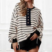 Chic V-Neck Striped Long-Sleeve Loose Top