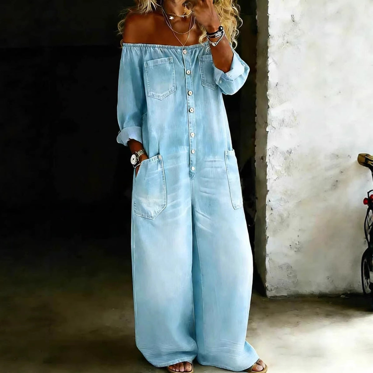 Denim Off-shoulder Pocket Jumpsuit