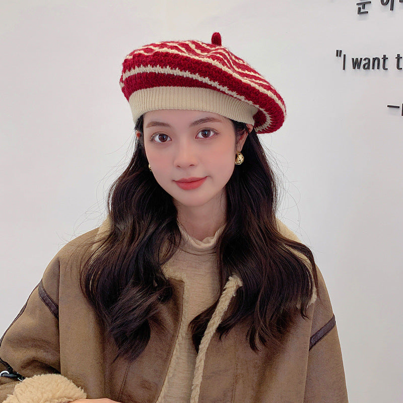 Warm Knitted Beret for Women, All-match Wool Striped Hat
