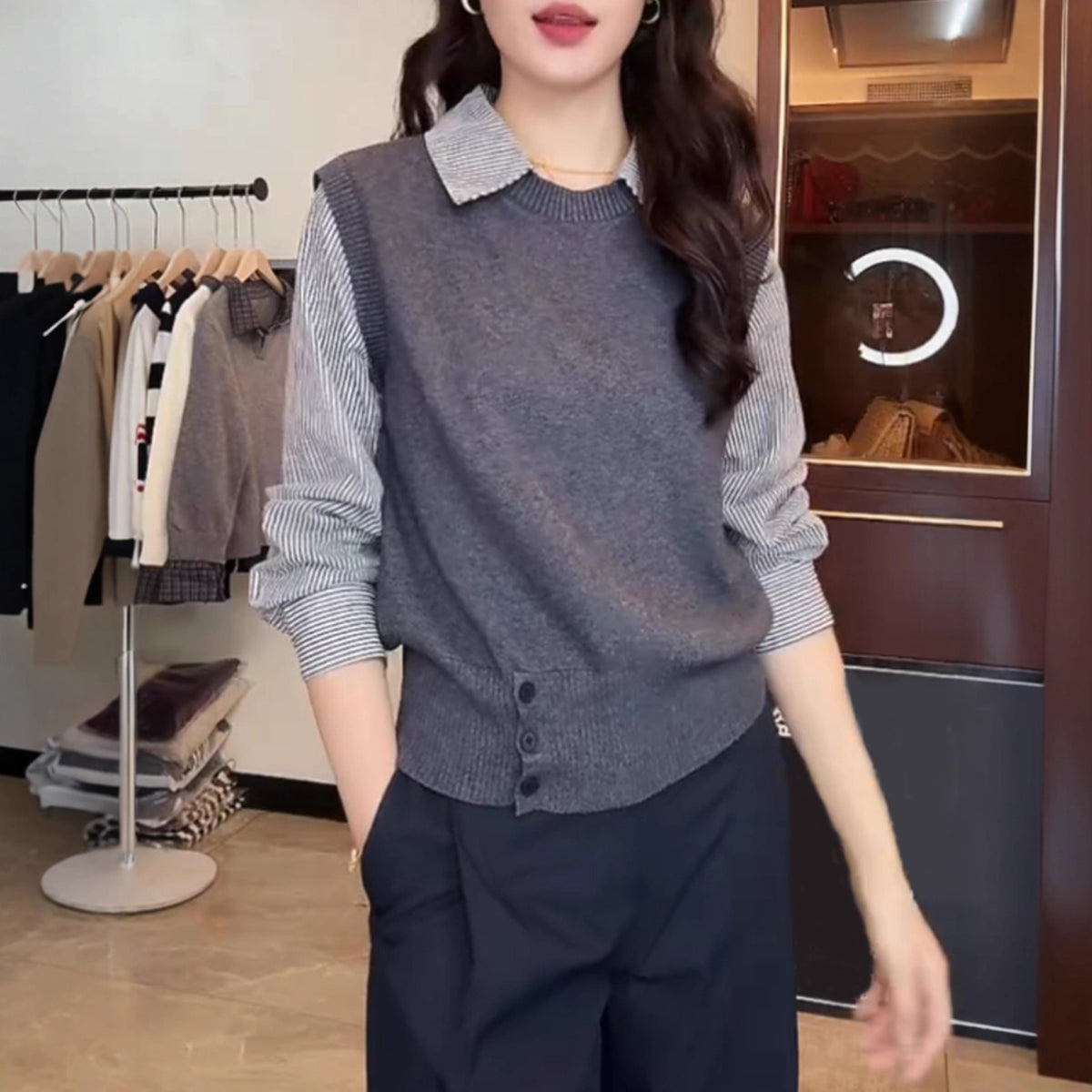 High-grade Fake Two-piece Striped Shirt Stitching Sweater for Women