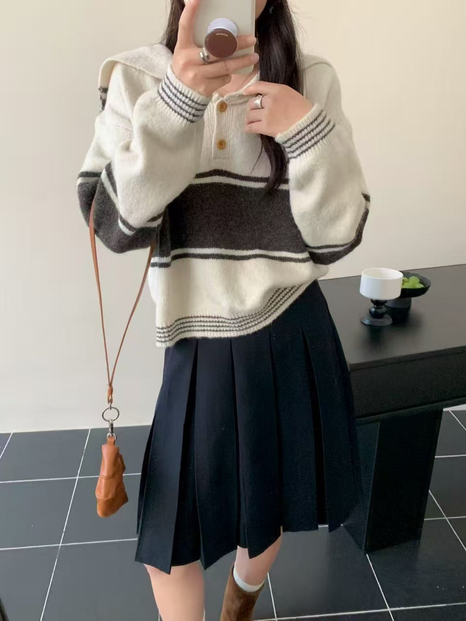 Color-block Striped Nautical-style Oversized Lapel Sweater for Women Autumn and Winter