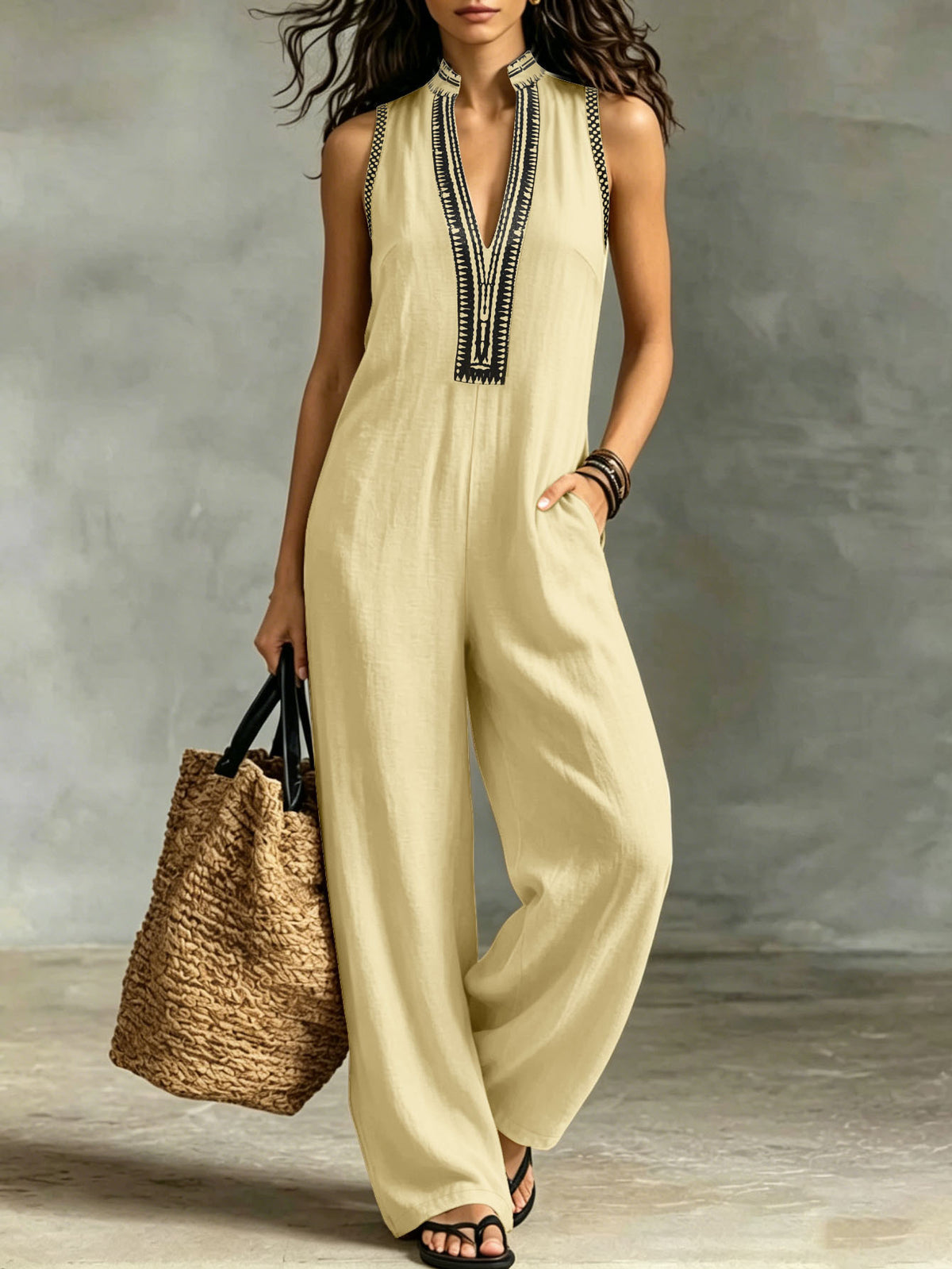 Women's Lace Trim Sleeveless Wide Leg Jumpsuit with Pockets