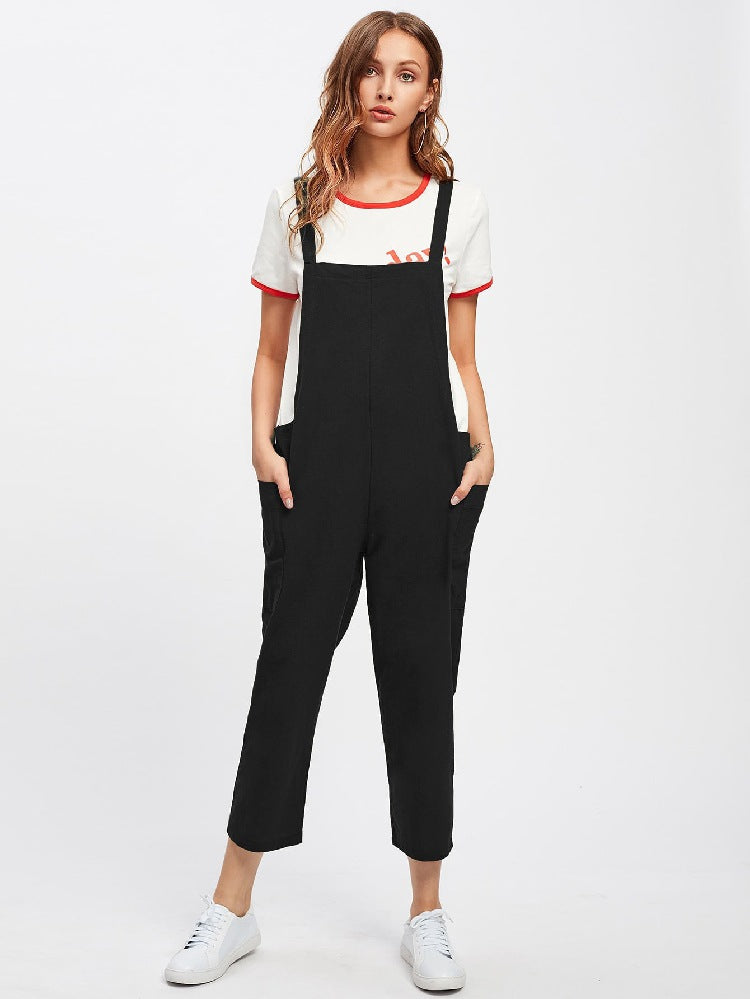 Casual Cotton Pocket Suspenders Cropped Overalls