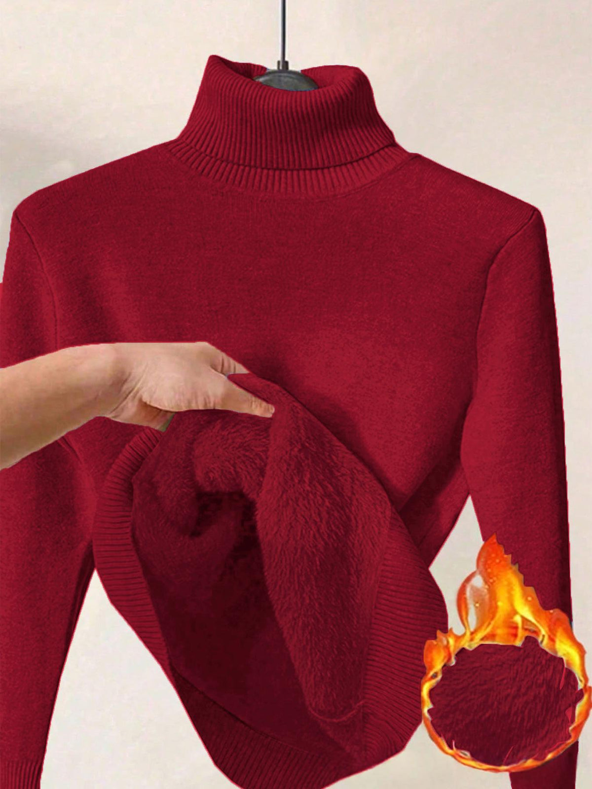 Womens Solid-color Thermal Turtleneck Fleece-lined Sweater