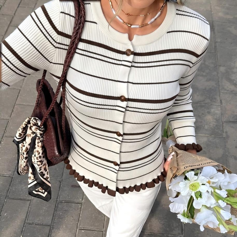 Cross-border Knitted Sweater Striped Ruffled-edge Knit Cardigan Round-neck Single-breasted Slimming and Versatile Top
