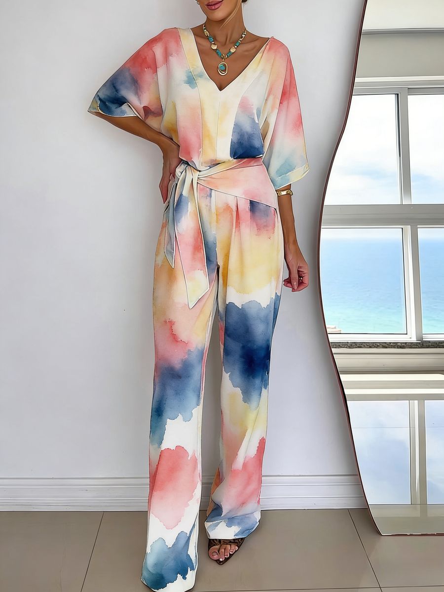 Womens V-neck Casual Mid-length Sleeve Belted Jumpsuit