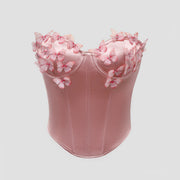 Elegant Pink Satin Strapless Top with Butterfly Steel Ring Detail