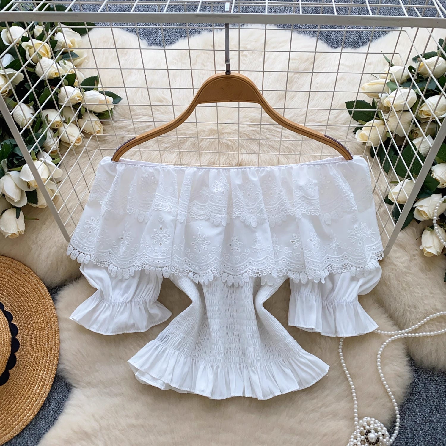 Crochet Hollowed-Out Off-the-Shoulder Puff-Sleeve Shirt For Women
