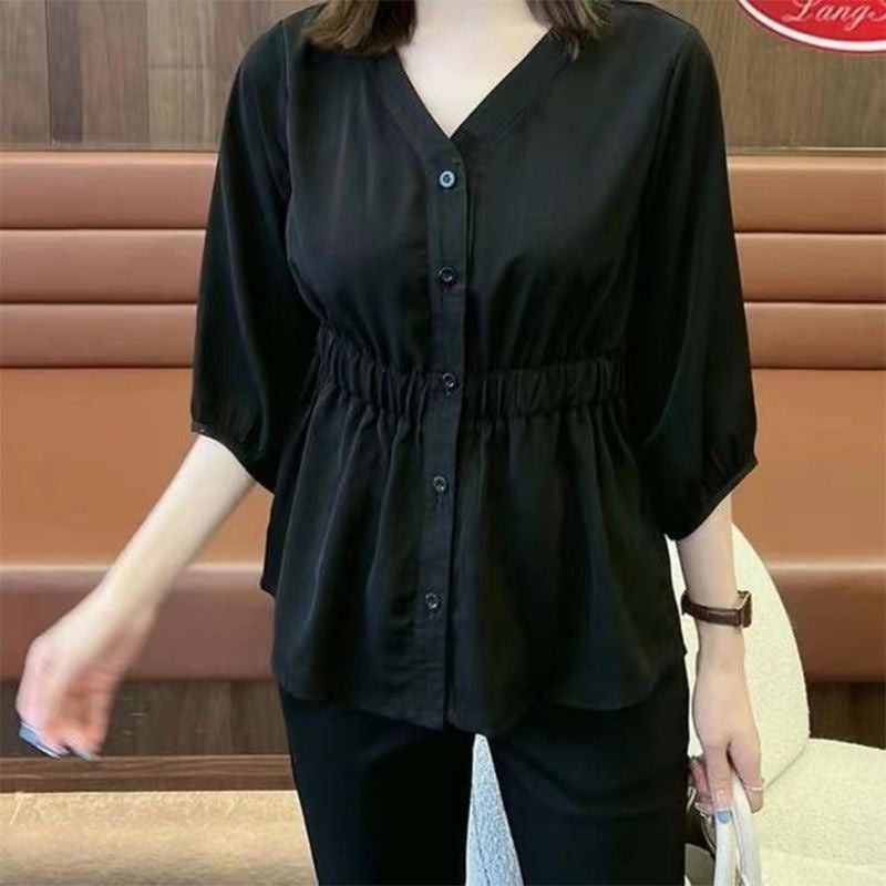 Women's Casual Simple Waist Cinched Seven Quarter Sleeve Shirt