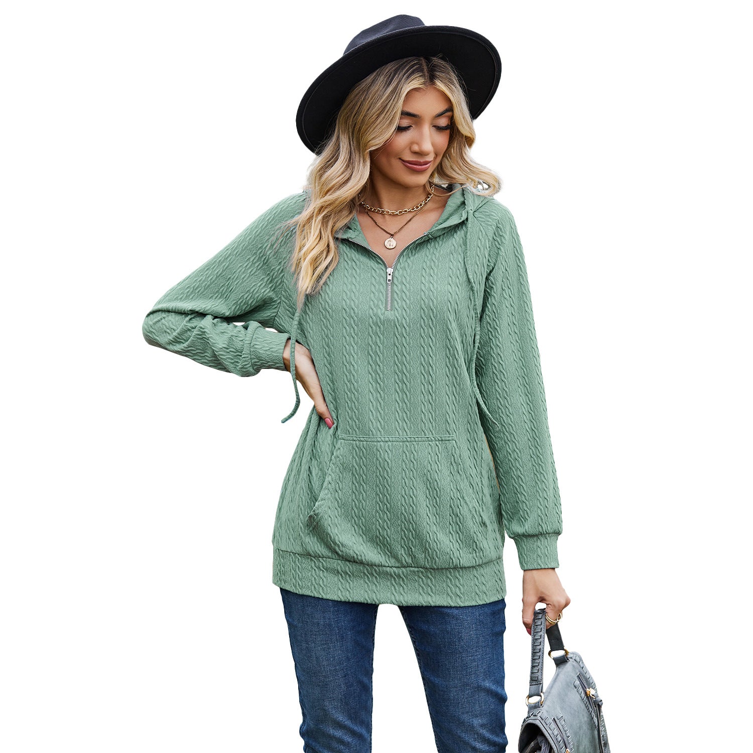 Cozy Solid Color Hooded Zip Sweatshirt for Women