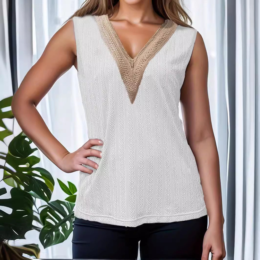 Women's V-Neck Lace-Detail Casual Vest – Solid Color, Medium Stretch