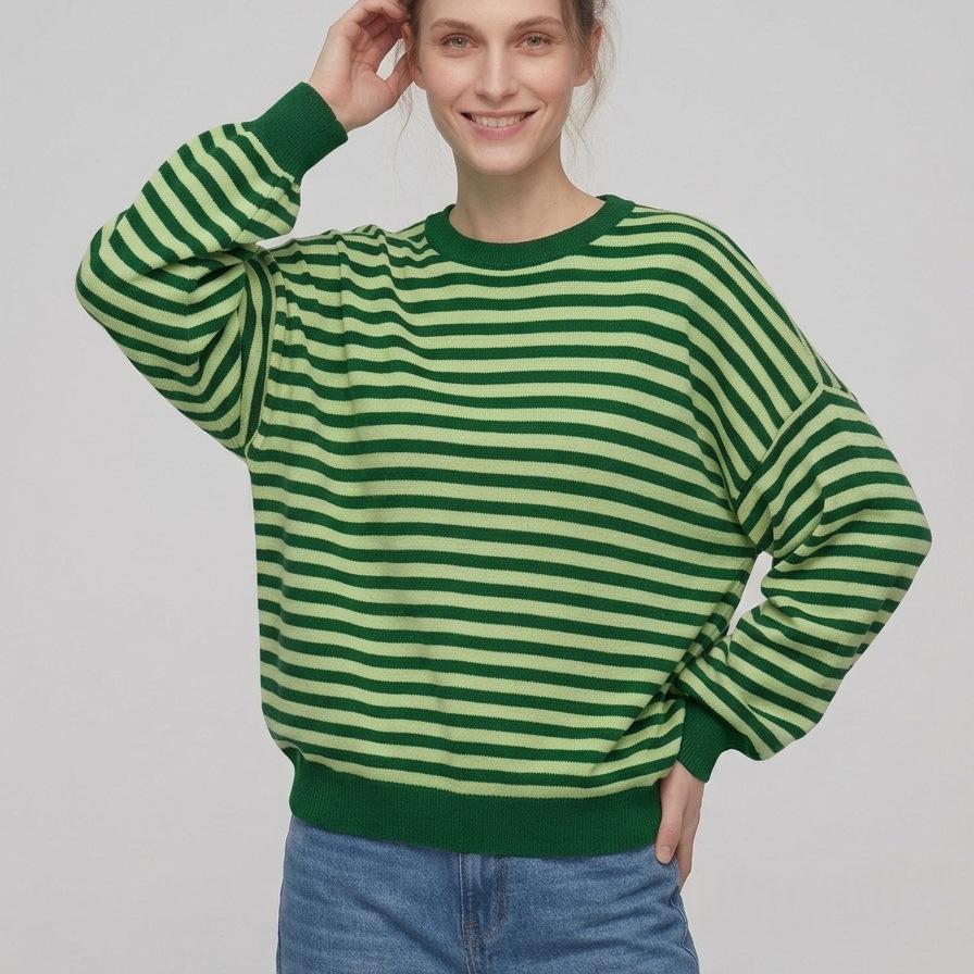 Backless Striped Color-block Long-sleeve Knitted Sweater for Women