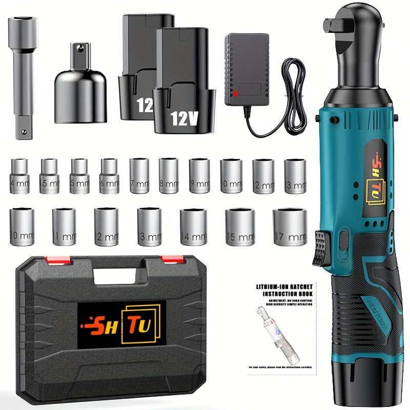 12V Brushless Electric Ratchet Wrench Set with Battery & Quick Charger - Cordless Power Tool Kit, Lithium-Ion Battery-Powered, Ergonomic Grip, Speed Control, Compatible with US Plug for Car Repair, Ho