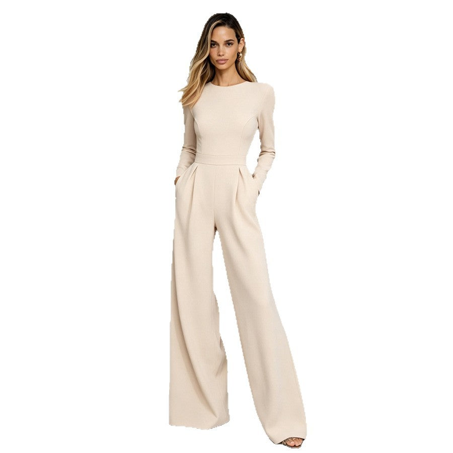 Chic Long-Sleeve Waist-Cinching Wide-Leg Jumpsuit