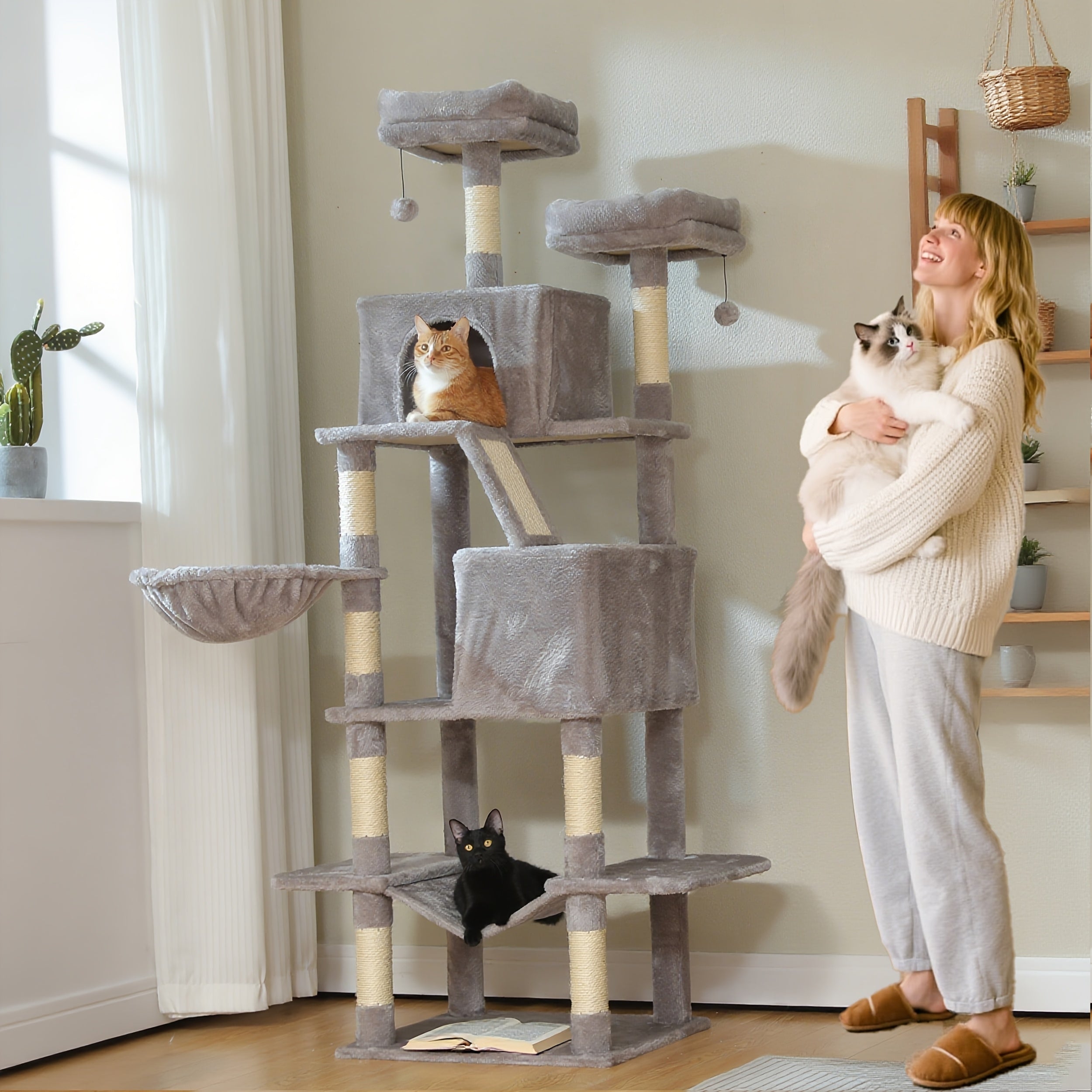 71.5 Extra Tall Cat Tower With Anti-tipping Kit - Heavy-duty Multi-level Cat Tree With Scratching Posts, Scratching Pad, Hammock, Condo, Pom-pom - Space-saving Vertical