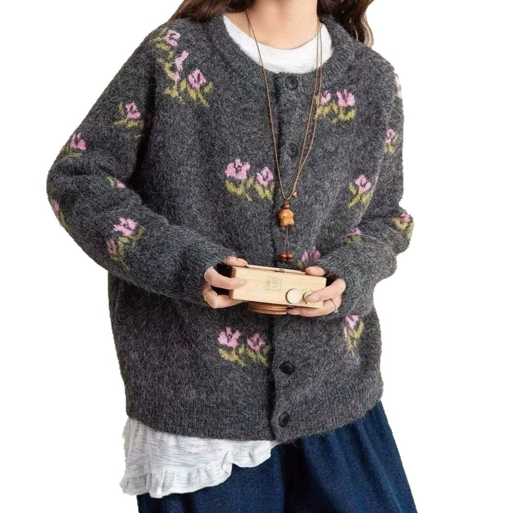 Retro-style Design Forward Floral Knit Cardigan