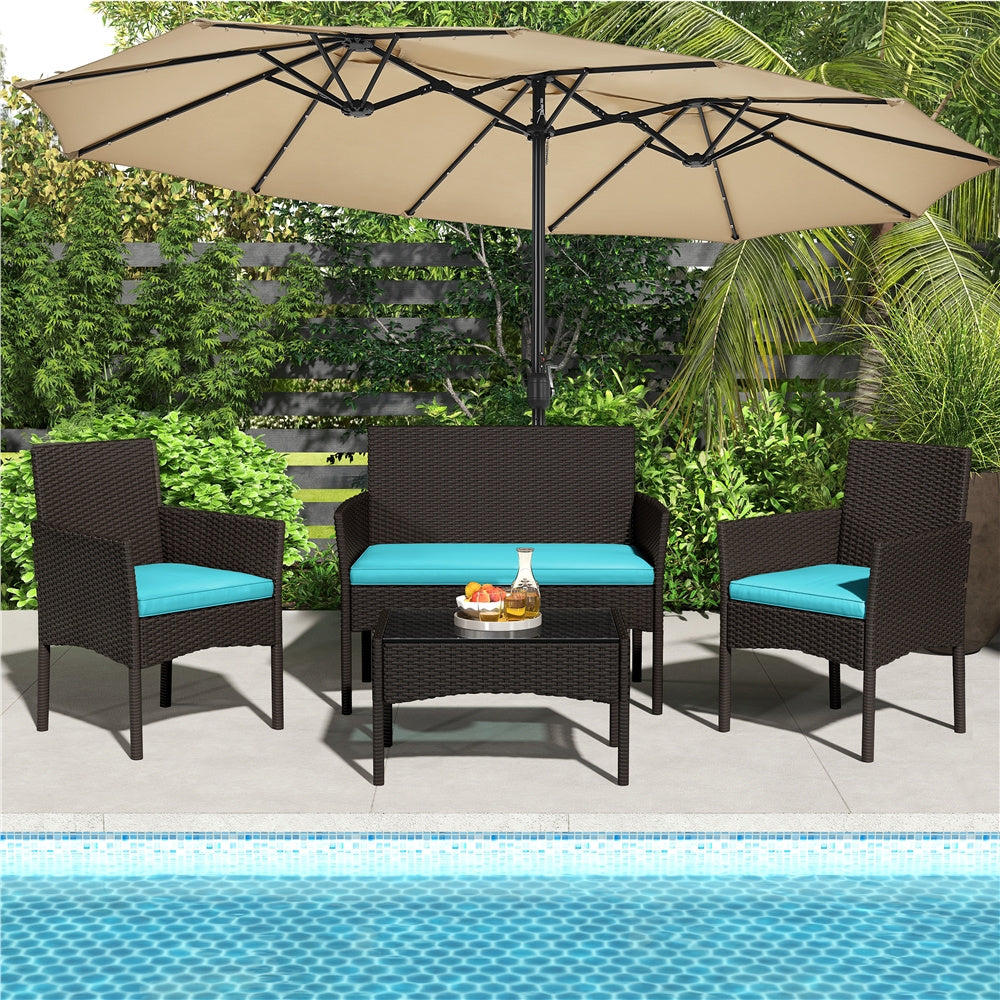 Costoffs Patio Furniture Set 4 Pieces Conversation Sets, Rattan Chair Wicker Set Loveseat with Soft Cushion and Glass Table Halloween Patio Furniture for Backyard Porch Garden Poolside Balcony