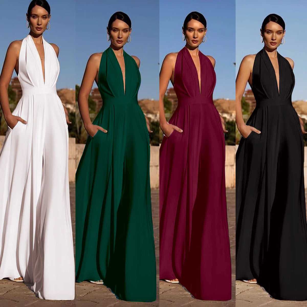 Elegant Halter V-Neck Wide Leg Jumpsuit with Pockets