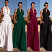 Elegant Halter V-Neck Wide Leg Jumpsuit with Pockets